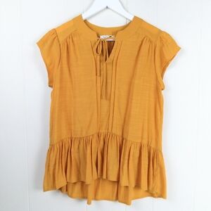 THML Babydoll Top XS Gold Cap Sleeve V-Neck Popover Ruffle Boho Peasant Festival